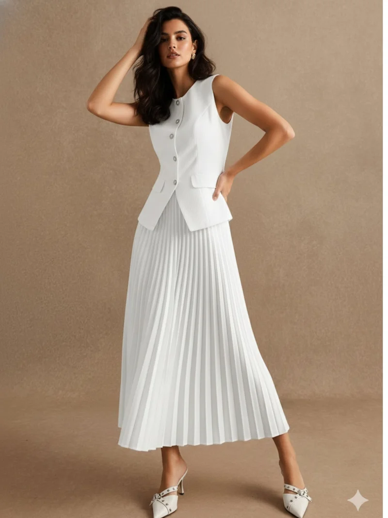 Outzidr  White Sleeveless Fitted Vest & Pleated Skirt Set for Women | Best Price UAE